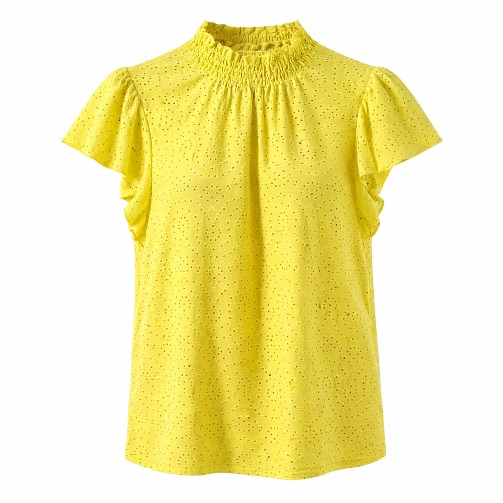 W5 Anthropologie‎ Women Yellow Eyelet Smocked Mock Neck Flutter Sleeve Top  L
